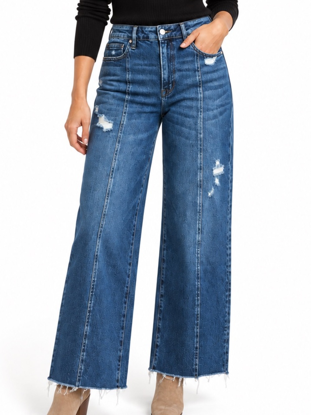Mica Los Angeles High Rise Wide Leg Distressed Jeans Size 30 Raw Hem